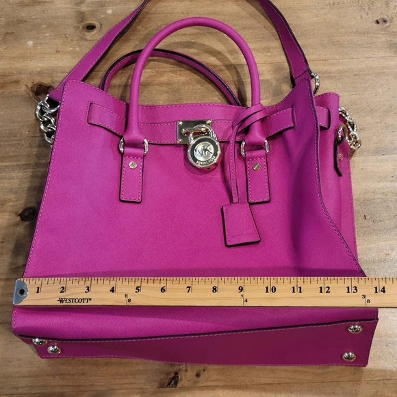 Michael Kors Hamilton Large Satchel Hot Pink Fuchsia Saffiano Leather Lock Bag